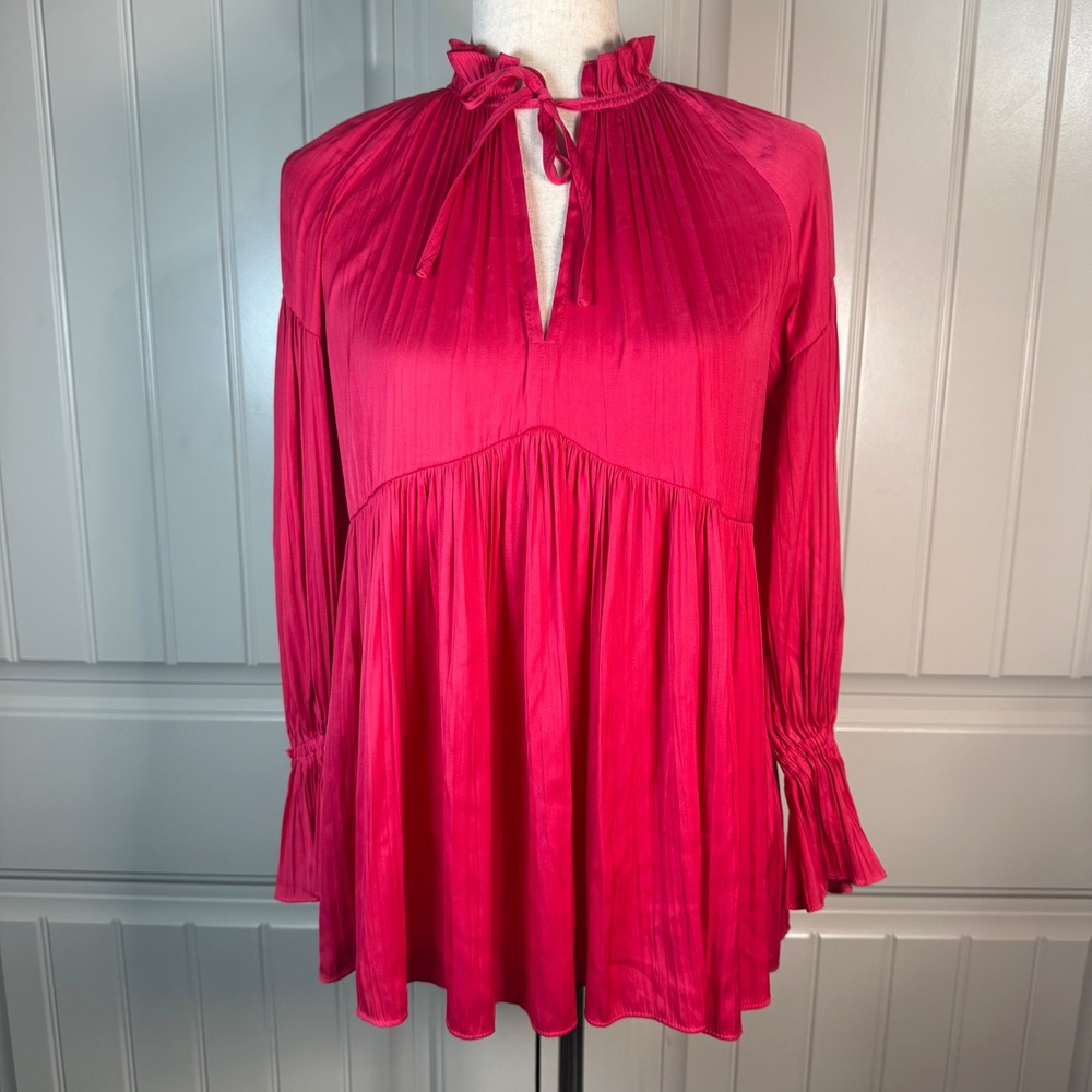 Anthropologie Pink Satin Pleated Babydoll Blouse XXS Ruffle Neck Romantic Boho